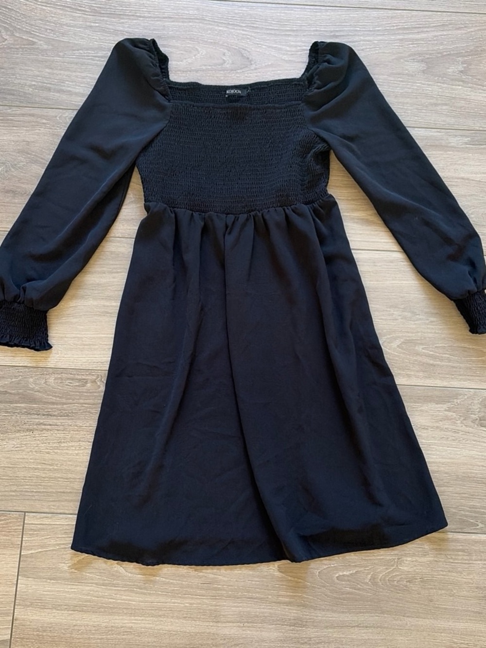 Kids Black Long Sleeve Smocked Waist Dress